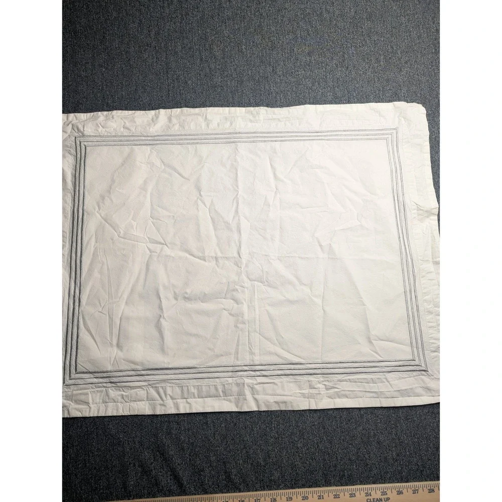 Pottery Barn White Grey Triple Stripe Embroidered Cotton‎ Standard Pillow Sham